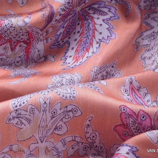 Flower fantasy on salmon viscose with bark effect. | View: Flower fantasy on salmon viscose with bark effect.