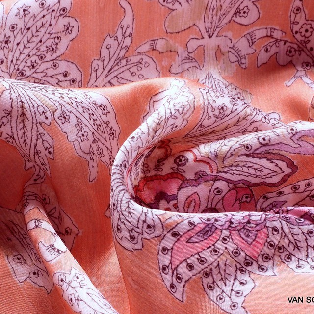 Flower fantasy on salmon viscose with bark effect. | View: Flower fantasy on salmon viscose with bark effect.