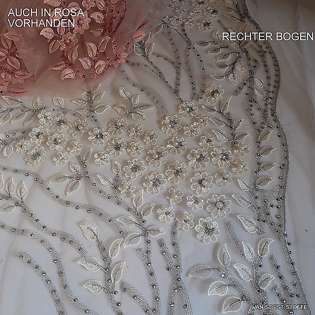 3D Flower border lace with pearls and silver glass in off-white | View: 3D Flower border lace with pearls and silver Swarovski glass in off-white