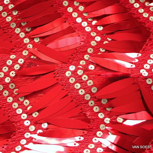 Stage Long Sequined Outfit in Red - Gold on red Tulle. | View: Stage Long Sequined Outfit in Red - Gold on red Tulle.