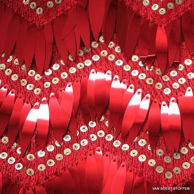 Stage Long Sequined Outfit in Red - Gold on red Tulle.