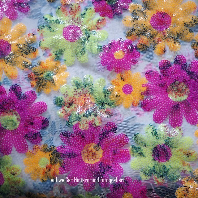 Colorful floral sequins in pink yellow green on printed rose tulle