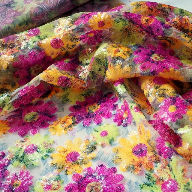 Colorful floral sequins in pink yellow green on printed rose tulle