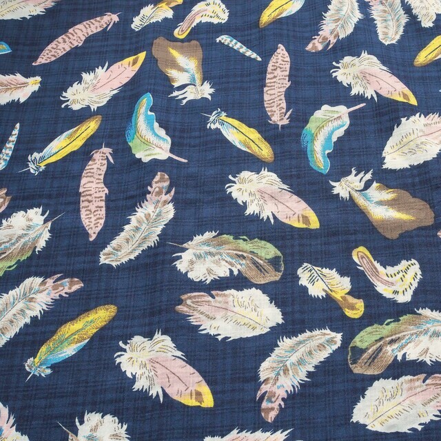 Burda Style colorful feathers on dark navy check print