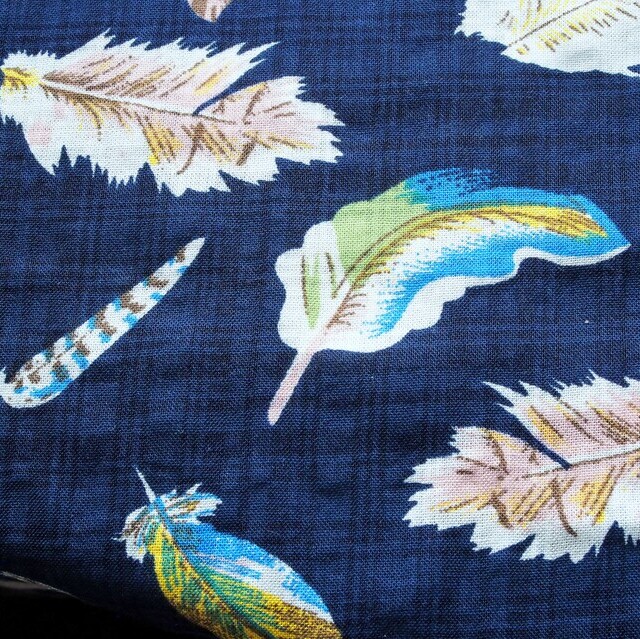 Burda Style colorful feathers on dark navy check print | View: Burda Style colorful feathers on dark navy check print