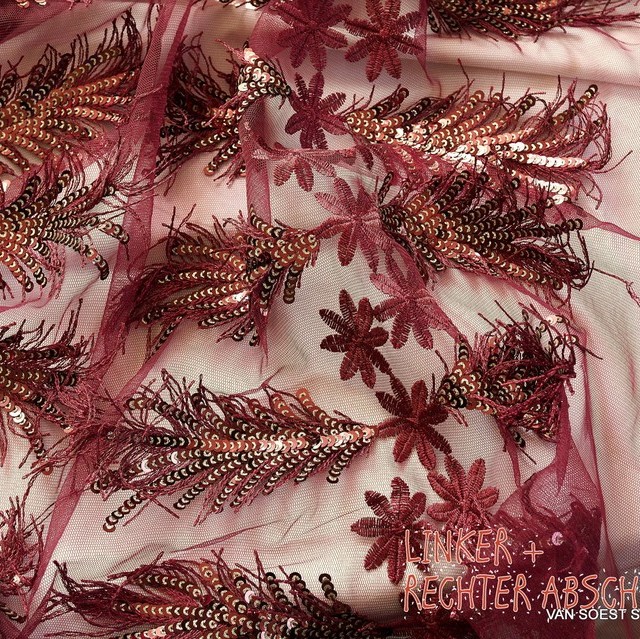 Burgundy sequins fringes and flowers fabric on fine tulle