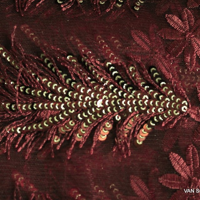 Burgundy sequins fringes and flowers fabric on fine tulle | View: Burgundy sequins fringes and flowers fabric on fine tulle