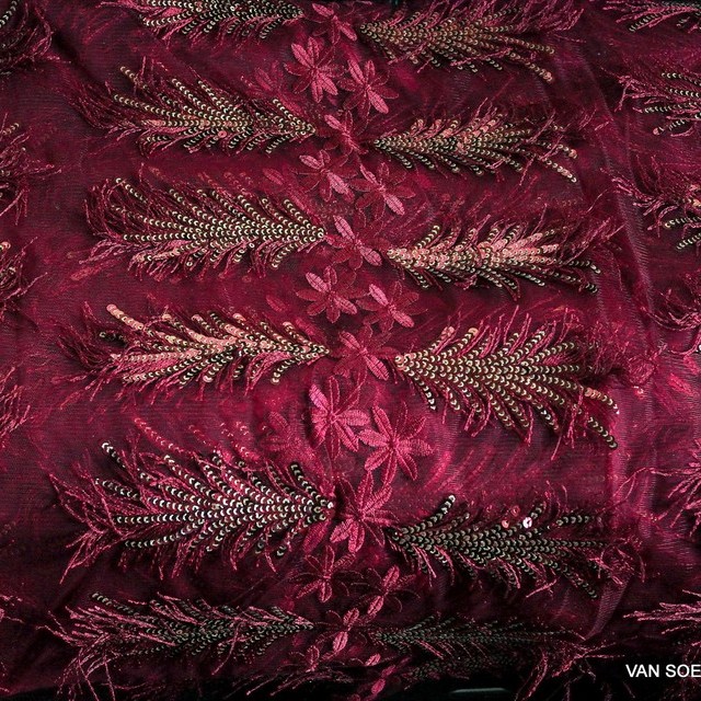 Burgundy sequins fringes and flowers fabric on fine tulle | View: Burgundy sequins fringes and flowers fabric on fine tulle