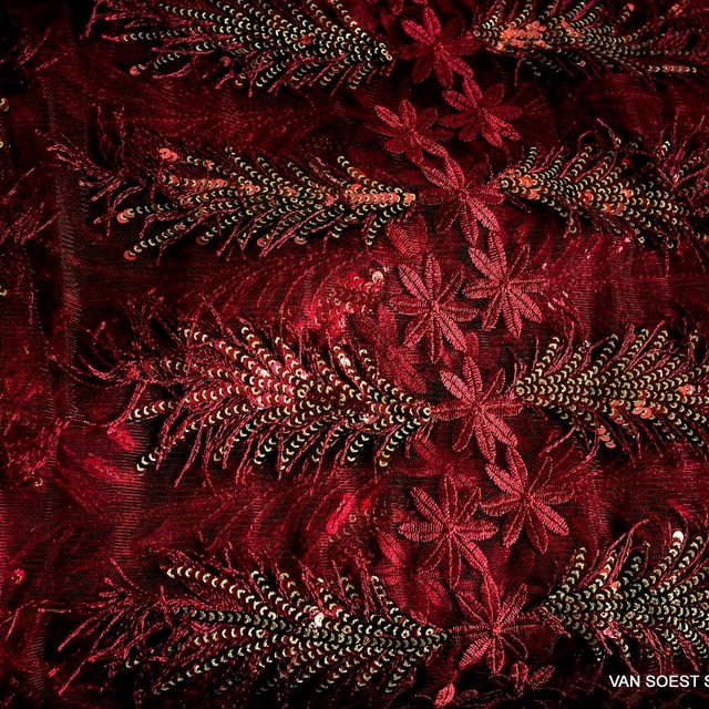 Burgundy sequins fringes and flowers fabric on fine tulle | View: Burgundy sequins fringes and flowers fabric on fine tulle