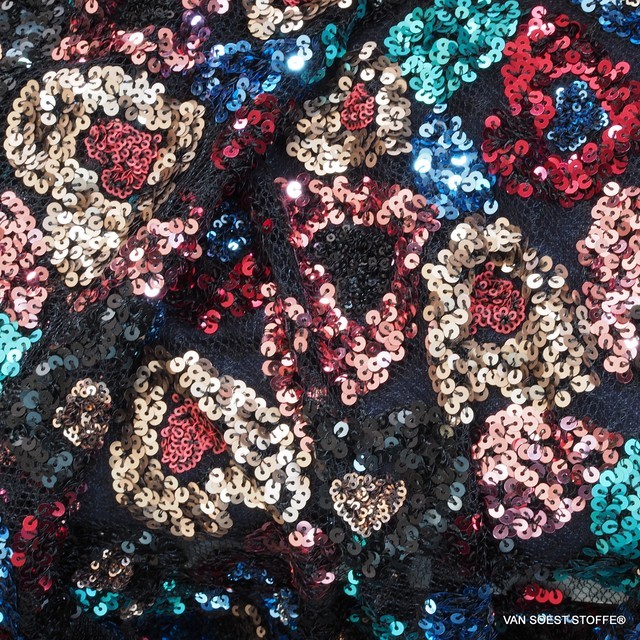 Couture 3D heart shape sequin embroidery multicolor on black tulle | View: Couture 3D heart shape sequin embroidery multicolor on black tulle