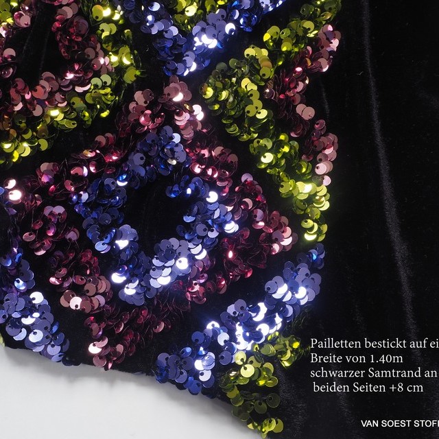 Couture 3D sequins diamonds - green blue pink - on black high stretch velvet | View: Couture 3D sequins diamonds - green blue pink - on black high stretch velvet