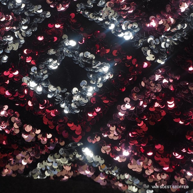 Couture 3D sequins diamonds - silver red pink - on black high stretch velvet