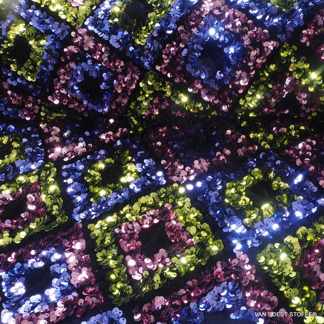 Couture 3D sequins diamonds - green blue pink - on black high stretch velvet