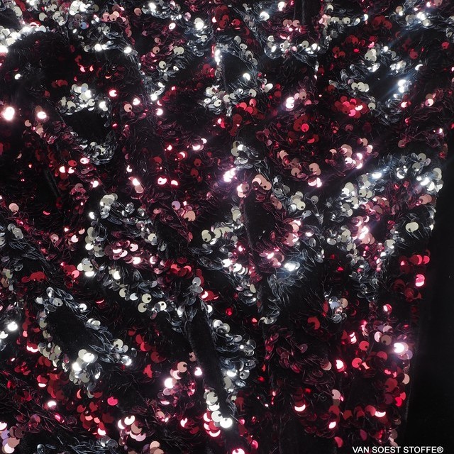 Couture 3D sequins diamonds - silver red pink - on black high stretch velvet | View: Couture 3D sequins diamonds - silver red pink - on black high stretch velvet