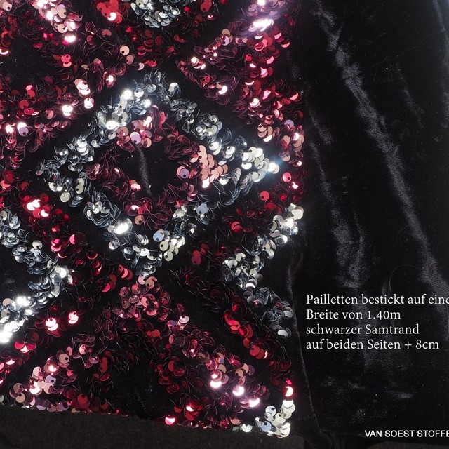 Couture 3D sequins diamonds - silver red pink - on black high stretch velvet | View: Couture 3D sequins diamonds - silver red pink - on black high stretch velvet