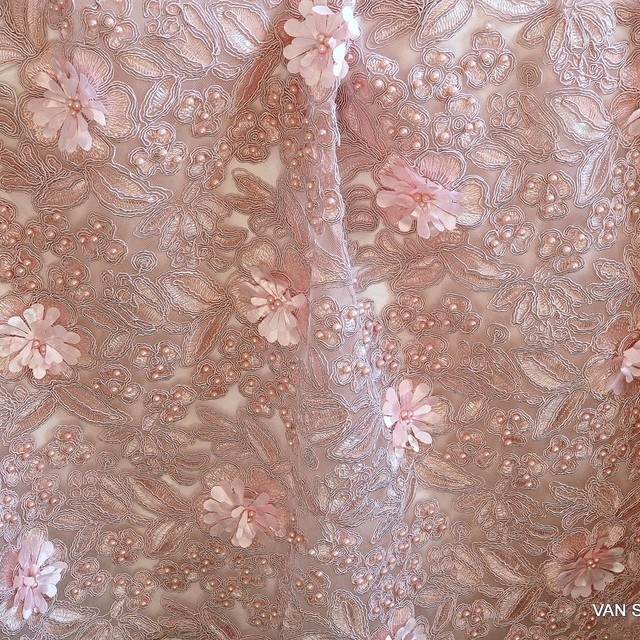 Couture 3D + Perlen Blumen Spitze auf Rosa Tüll Ton in Ton | Ansicht: Couture 3D + Perlen Blumen Spitze auf Rosa Tüll Ton in Ton