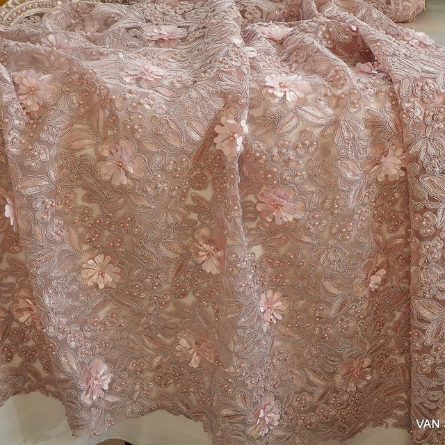 Couture 3D + beaded floral lace on pink tulle tone in tone | View: Couture 3D + beaded floral lace on pink tulle tone in tone