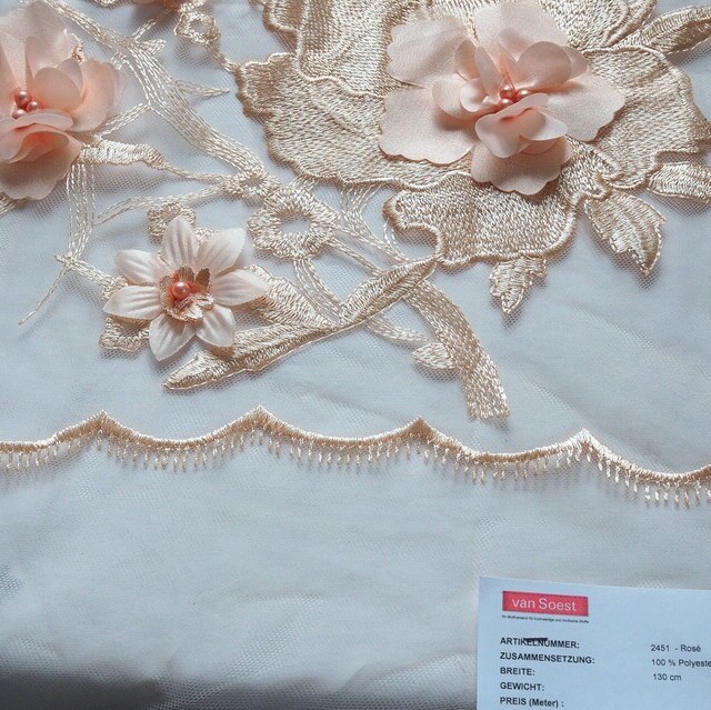 Couture 3D embroidery flowers+leaves+beads on rose tulle