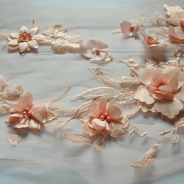 Couture 3D embroidery flowers+leaves+beads on rose tulle | View: Couture 3D embroidery flowers+leaves+beads on rose tulle