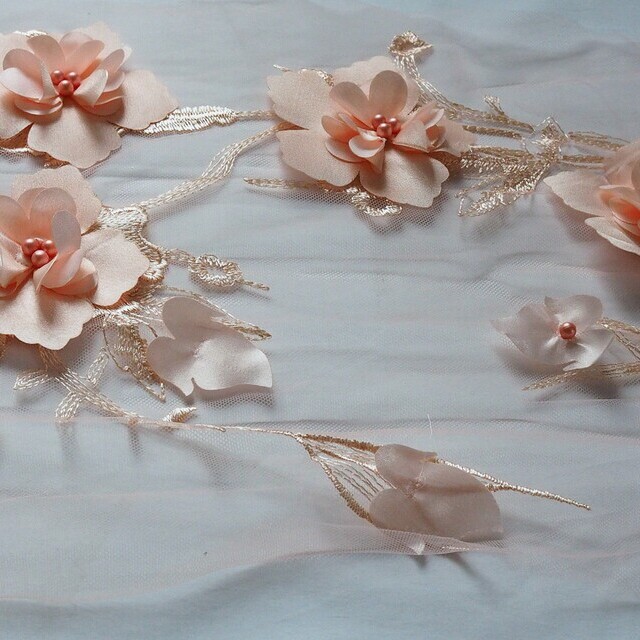 Couture 3D embroidery flowers+leaves+beads on rose tulle | View: Couture 3D embroidery flowers+leaves+beads on rose tulle
