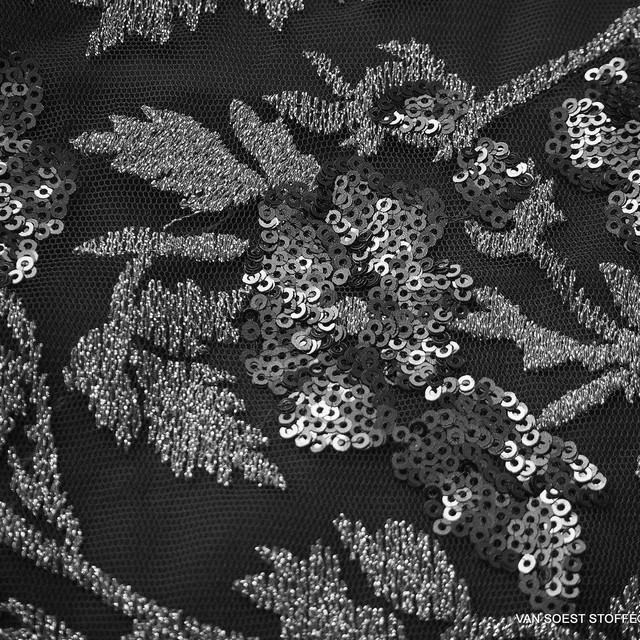 Couture Blumen Spitze mit Ton in Ton mini Pailletten in Schwarz | Ansicht: Couture Blumen Spitze mit Ton in Ton mini Pailletten in Schwarz