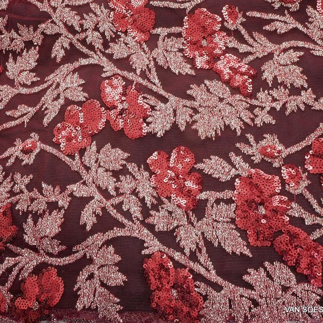 Couture floral lace with tone in tone mini sequins in claret | View: Couture floral lace with tone in tone mini sequins in claret