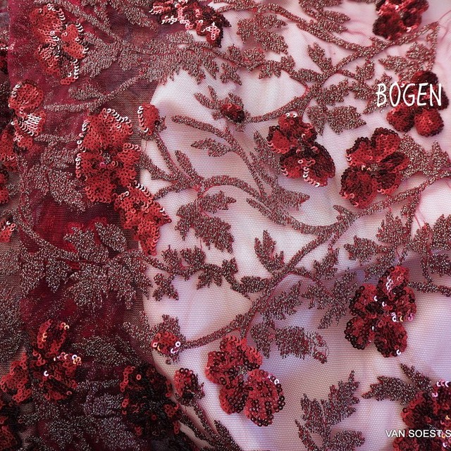 Couture floral lace with tone in tone mini sequins in claret