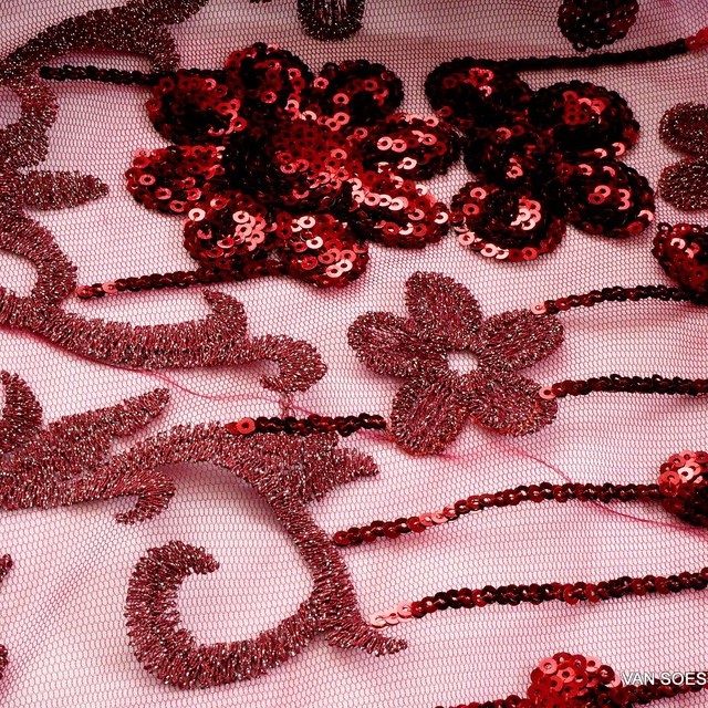 Couture designer lace with tone in tone mini sequins in wine red | View: Couture designer lace with tone in tone mini sequins in wine red