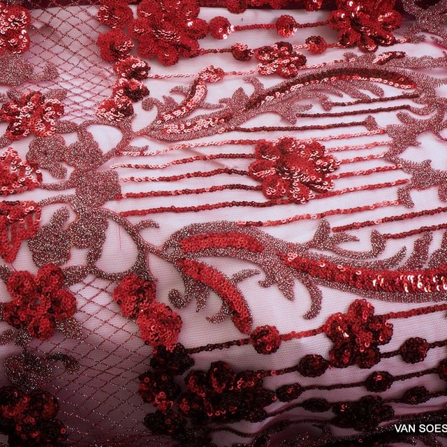 Couture designer lace with tone in tone mini sequins in wine red