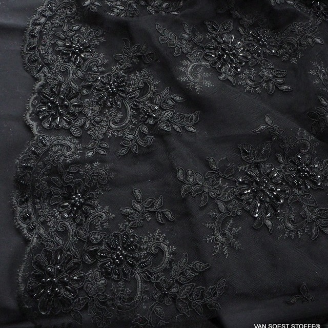 Couture beads and mini bars embroidered lace fabric in black | View: Couture beads and mini bars embroidered lace fabric in black