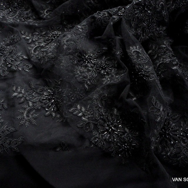 Couture beads and mini bars embroidered lace fabric in black | View: Couture beads and mini bars embroidered lace fabric in black