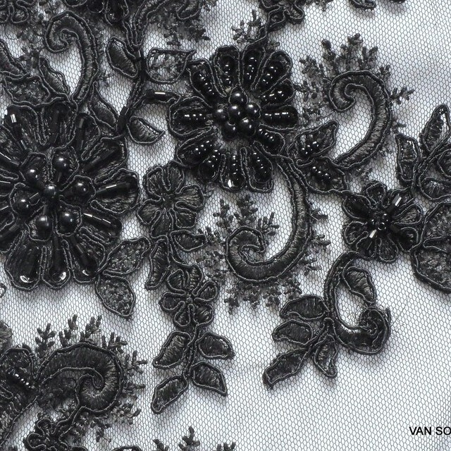 Couture beads and mini bars embroidered lace fabric in black | View: Couture beads and mini bars embroidered lace fabric in black