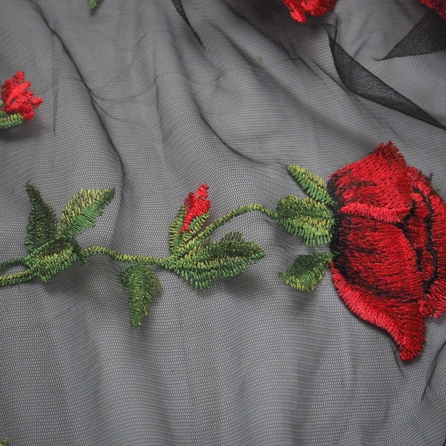 Couture special rose border embroidery in red and green on black tulle | View: Fancy special rose border embroidery in red and green on black tulle