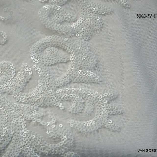 Couture lace with white - White mini sequins | View: Couture lace with white - White mini sequins on white soft tulle.