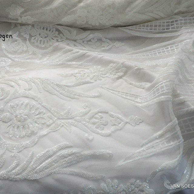 Couture Spitze mit Weiß - Weiße Mini Pailletten | Ansicht: Couture Spitze mit Weiß - Weiße Mini Pailletten auf weißer soft Tüll