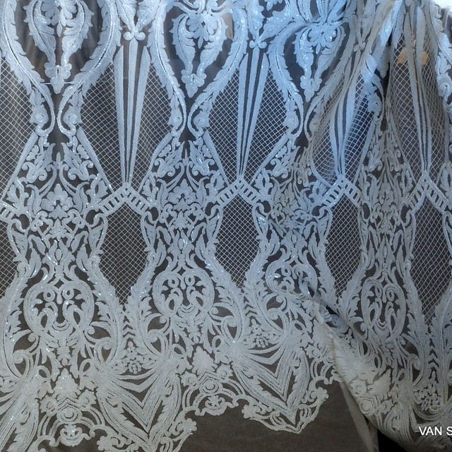 Couture lace with white - White mini sequins | View: Couture lace with white - White mini sequins on white soft tulle.