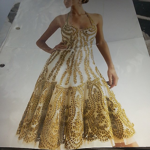 Couture exclusive lace in golden yellow on white tulle.