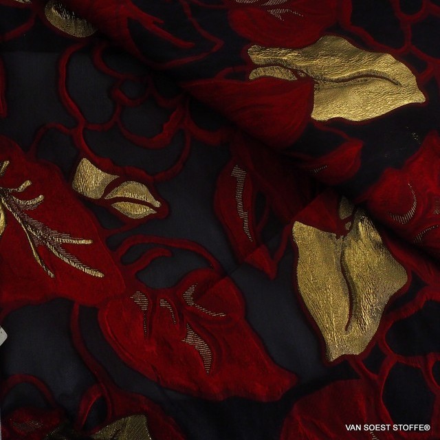 Dallas Couture Gold Lamé Leaves Jacquard in Red - Gold - Black