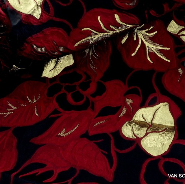 Dallas Couture Gold Lamé Leaves Jacquard in Red - Gold - Black