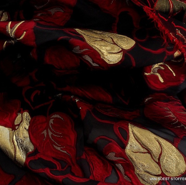 Dallas Couture Gold Lamé Leaves Jacquard in Red - Gold - Black