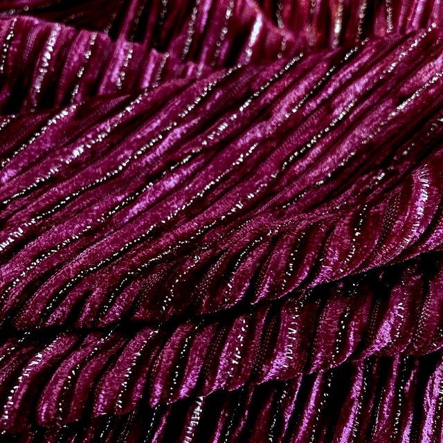 Designer stretch velvet pleated with silver lurex threads in fuchsia