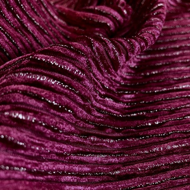 Designer stretch velvet pleated with silver lurex threads in fuchsia | View: Designer stretch velvet pleated with silver lurex threads in fuchsia