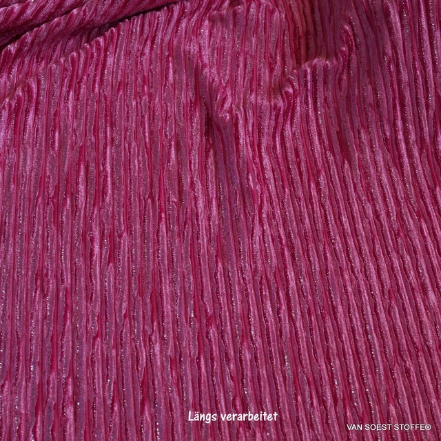 Designer stretch velvet pleated with silver lurex threads in pink | View: Designer stretch velvet pleated with silver lurex threads in pink