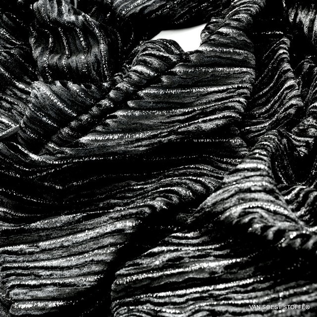 Art. No.: Designer stretch velvet plissee with silver lurex threads in black | View: Designer stretch velvet plissee with silver lurex threads in black Designer stretch velvet plissee with silver lurex threads in black | View: Designer stretch velvet plissee with silver lurex threads in black