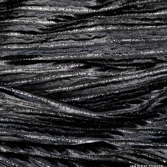 Designer stretch velvet plissee with silver lurex threads in black