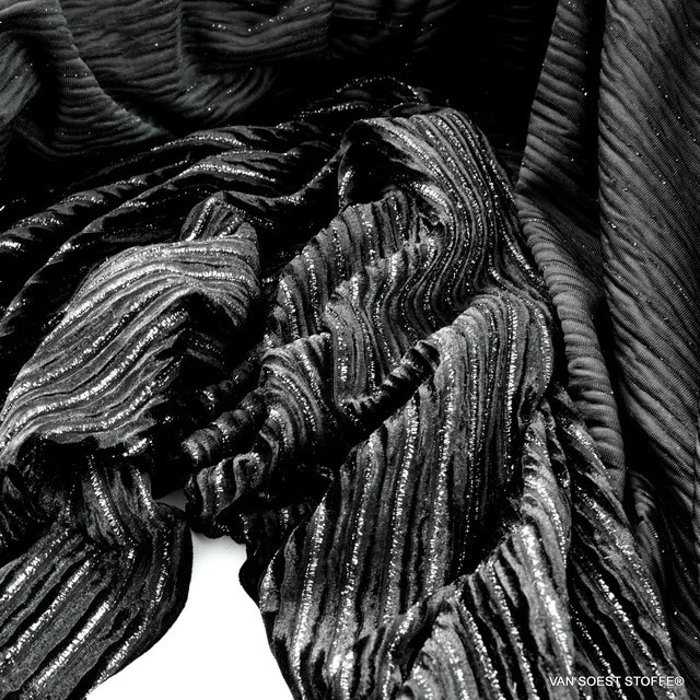 Art. No.: Designer stretch velvet plissee with silver lurex threads in black | View: Designer stretch velvet plissee with silver lurex threads in black Designer stretch velvet plissee with silver lurex threads in black | View: Designer stretch velvet plissee with silver lurex threads in black