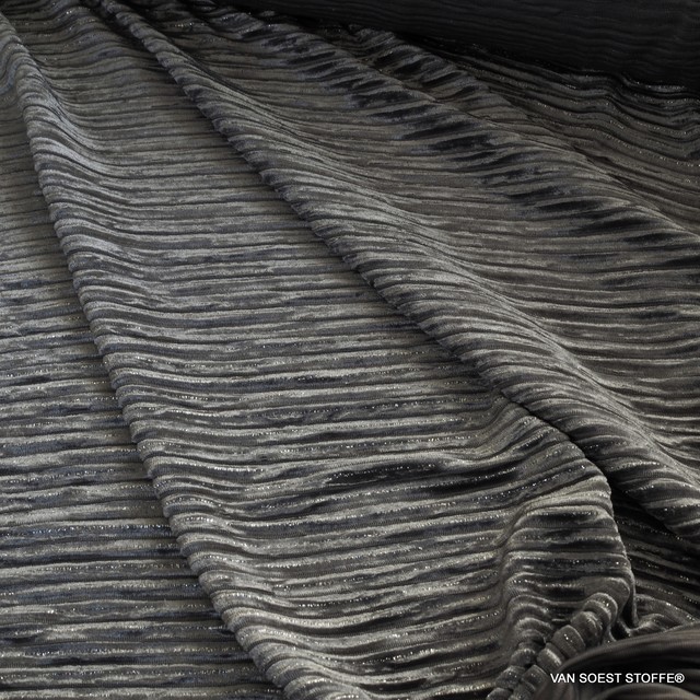 Designer stretch velvet plissee with silver lurex threads in silver grey | View: Designer stretch velvet plissee with silver lurex threads in silver grey