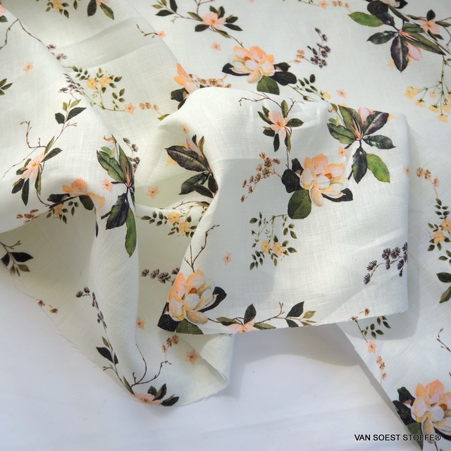 Exclusive linen fabric printed with delicate flowers & leaves | View: Exclusive linen fabric printed with delicate flowers & leaves