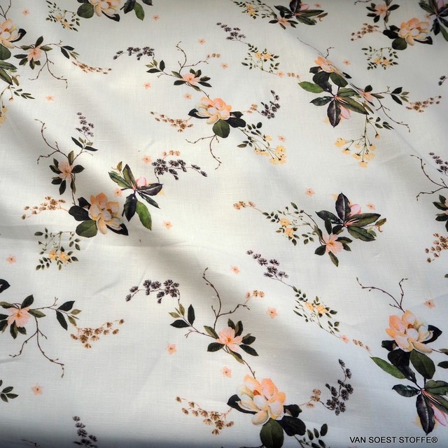 Exclusive linen fabric printed with delicate flowers & leaves