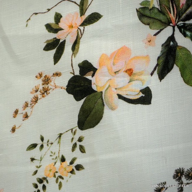 Exclusive linen fabric printed with delicate flowers & leaves | View: Exclusive linen fabric printed with delicate flowers & leaves